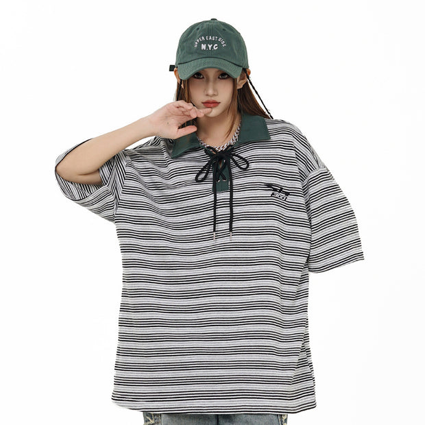 Loose Striped Polo Shirt Top