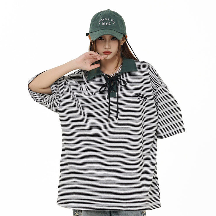 Loose Striped Polo Shirt Top