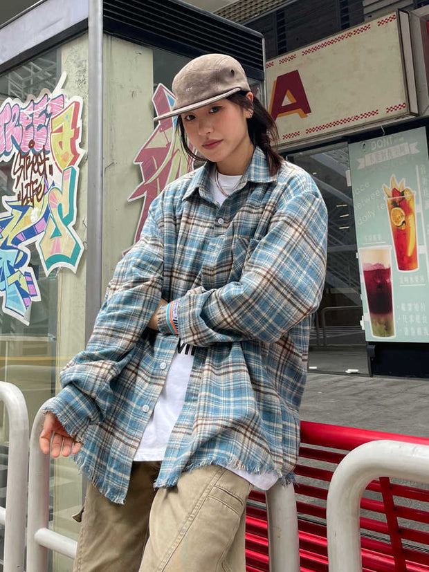 Retro Polo Shirt Plaid Long-sleeved Shirt Loose Worn Top