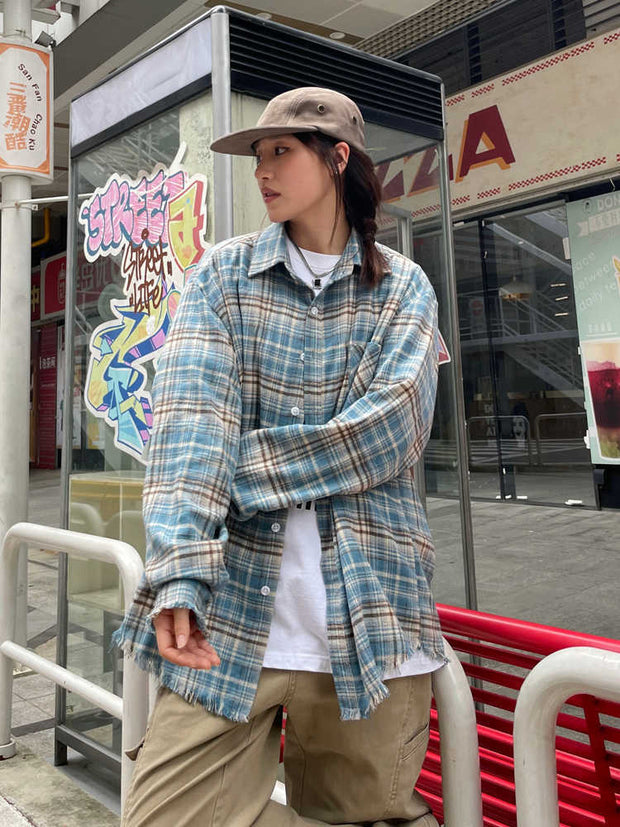 Retro Polo Shirt Plaid Long-sleeved Shirt Loose Worn Top