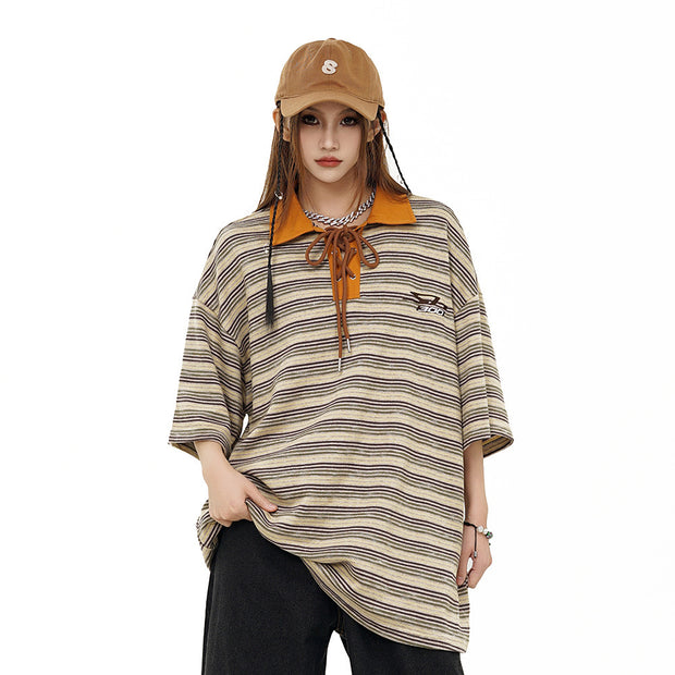 Loose Striped Polo Shirt Top