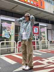 Retro Polo Shirt Plaid Long-sleeved Shirt Loose Worn Top