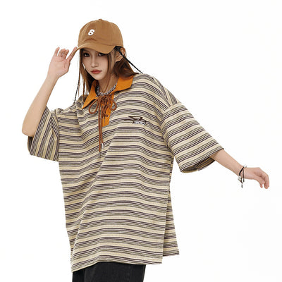 Loose Striped Polo Shirt Top
